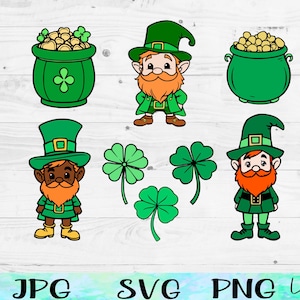 May include: A collection of St. Patrick's Day themed graphics. The image includes cartoon leprechauns with red beards and green outfits, pots of gold, and green shamrocks. The image also includes the text "JPG SVG PNG Layered".