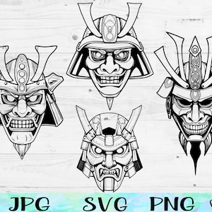 Samurai Vector, Oni Mask SVG, Samurai Mask SVG, Japanese Warrior Samurai Silhouette, Oni Mask Clipart, Samurai Clipart Oni Mask Illustration