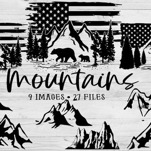 Puede incluir: Arte digital en blanco y negro con tem&aacute;tica de monta&ntilde;as. Incluye ilustraciones de monta&ntilde;as, &aacute;rboles, ciervos, osos y un lobo. La bandera estadounidense est&aacute; incorporada en algunos dise&ntilde;os. El texto dice "Mountains, 9 Images, 27 Files."