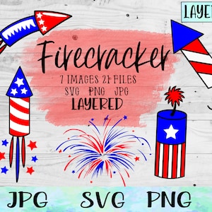 May include: A set of 7 layered digital images of fireworks and firecrackers in red, white, and blue. The images are labeled "Firecracker" and "Layered".