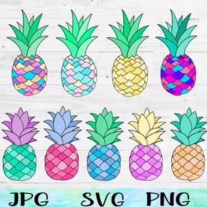 May include: Set of ten colorful pineapple illustrations. Each pineapple has a different color scheme with a combination of pink, blue, green, yellow, and purple. The pineapples are outlined in black.