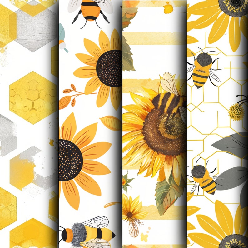 12 Seamless Sunflower Honey Bee Digital Paper, Printable Gold Honey Bee ...