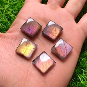 Può includere: Cinque gemme di labradorite tagliate a forma quadrata con sfumature iridescenti viola, rosa e giallo. Ogni pietra ha una superficie lucida e riflettente. Le gemme sono disposte su uno sfondo chiaro, mostrando i loro colori vivaci e motivi unici.