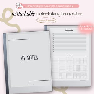 Puede incluir: Un cuaderno digital gris y blanco con el texto "MY NOTES" en la portada. El cuaderno está abierto en una página con una lista de cuadernos y plantillas. El texto "Plantillas con hipervínculos" está en un recuadro rosa en la esquina superior derecha de la página.