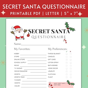 Questionario segreto di Babbo Natale stampabile per domande sullo scambio di regali di Natale 5x7 Carte informative segrete di Babbo Natale Lista dei desideri di Babbo Natale segreto