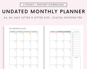 Undated Monthly Planner Printable, Month on Two Pages, Month At a Glance, Monthly Calendar Inserts, Sunday/Monday Start, A4/A5/Letter/Half