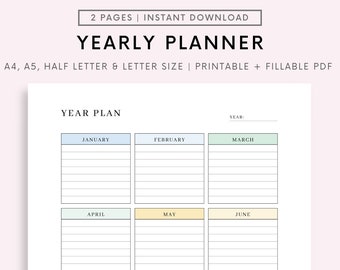 Editable Yearly Planner, Printable Yearly Overview on One Page, Year At a Glance, Undated Minimalist Planner, Calendar Template, Annual Plan