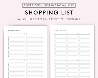 Printable Shopping List Template, To Buy List, Item Checklist, Grocery List, Shopping Plan, A4/A5/Letter/Half Size, Instant Download PDF