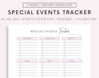 Yearly important dates tracker printable, Fillable Important Dates Planner, Key Dates Template, Special Events PDF file, Birthday Tracker