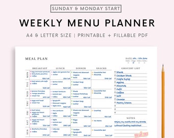 Weekly Menu Planner, Grocery List Printable, Meal Prep, Grocery List Template, Health Planner, Fitness Planner, Meal Planner PDF