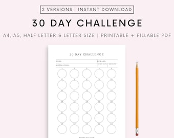 30 Day Challenge, Goal Setting, Goal Progress Tracker, Habit Forming, A4/A5/Letter, Printable & Fillable PDF, Vertical, Instant Download
