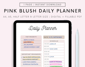 Digital Daily Planner for Goodnotes, Blush Pink, Half Hour planner, 1 Page Notepad, Fillable Fields Planner PDF, Notability, Noteshelf