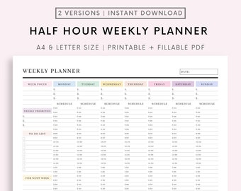 Half Hour Weekly Planner EDITABLE Weekly Schedule, Daily Planner, Undated Planner, 2024 Weekly Organizer, To Do List printable, Adhd