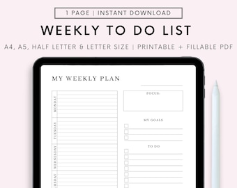 Weekly To Do List Printable, Minimalist Weekly Planner, Weekly Agenda, Week At A Glance, Week On One Page, A4/A5/Letter/Half Letter
