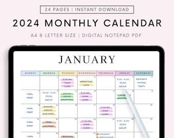 Digital 2024 Monthly Calendar for Goodnotes, Desk Calendar, Minimalist Calendar, 1 Page Notepad, iPad Year Calendar Template, Monday Start