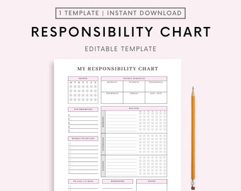 ¡La tabla de responsabilidades definitiva! Imprimible y editable / Para tareas diarias y semanales, rutinas, objetivos y listas de verificación / Para niños, adolescentes y adultos. Plantilla.