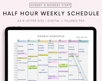 Half Hour Weekly Schedule Landscape, Weekly Planner Printable, Week At a Glance, Weekly Agenda, Desk Planner, Weekly To Do List, A4/Letter