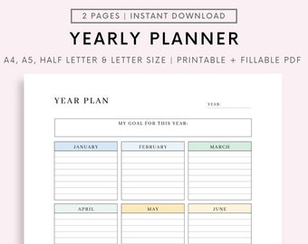 Editable Yearly Planner, Printable Yearly Overview on One Page, Year At a Glance, Undated Minimalist Planner, Calendar Template, Annual Plan