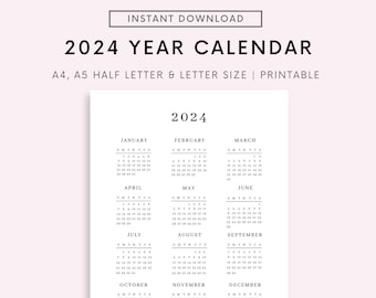 2024 Year Calendar Printable, Year At a Glance, Yearly Wall Calendar, Desk Calendar Template, Minimalist Calendar, Digital Download