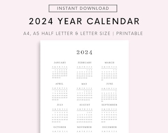 May include: A printable 2024 calendar in black and white with each month displayed in a separate box. The calendar is designed for A4, A5, half letter, and letter size paper.
