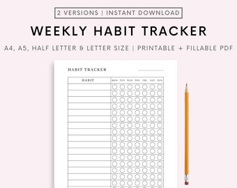 May include: A printable weekly habit tracker with a grid of circles for each day of the week. The tracker has a space for the name of the habit at the top of each row. The text "HABIT TRACKER" is at the top of the page. The text "KATACOSMIC DESIGN" is at the bottom of the page.