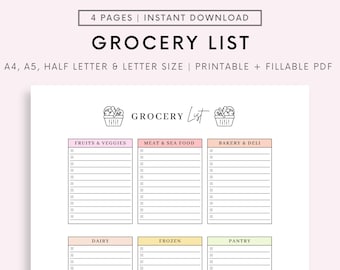 Grocery List Printable Template, Grocery Planner, Food Shopping List, A4/A5/Letter/Half Size, Instant Download PDF