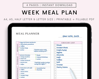 Digital Meal Planner for Goodnotes, Blush Pink, Undated Weekly Meal Planner, 1 Page Notepad, Fillable Fields Planner PDF, Notability