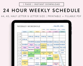 Horario semanal, Horario semanal imprimible, Organizador semanal, Programador semanal en blanco, Agenda por horas, Plantilla de bloqueo de tiempo PDF, A4 A5 HALF