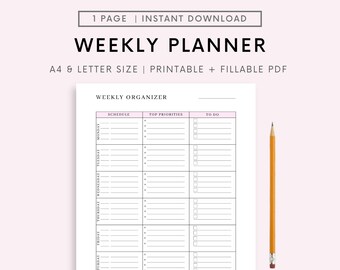Weekly Planner Printable Landscape, Minimalist Weekly Schedule, Week At a Glance, Weekly Organizer, Office Planner, Desk Planner, A4/Letter