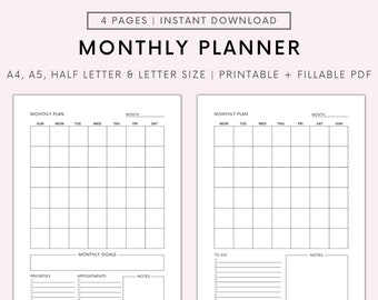 Monthly Planner Printable, Productivity Planner, Monthly Agenda, Monday & Sunday Start, Ink Friendly Design, Fillable PDF, A4/A5/Letter/Half