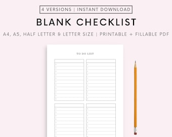 Blank To Do List Printable, Blank Checklist Planner Printable, Checklist Planner Refills A4/A5/Letter/Half, Instant Download PDF
