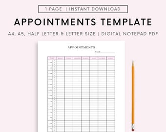 Printable appointment book, Print at home Timeslot booking template for small business, 15 minute interval weekly appointment list