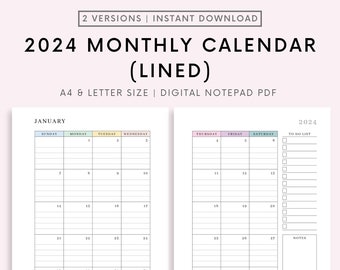 2024 Monthly Lined Calendar Printable, Dated Month on 2 Pages, 2024 Calendar, Month At a Glance, A4/A5/Letter/Half, Instant Download