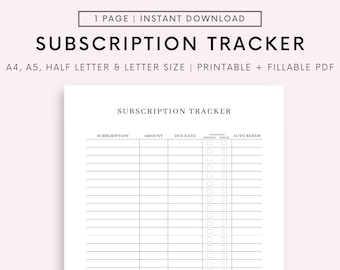 Rastreador de suscripciones imprimible, lista de membresía, rastreador de gastos, plantilla de presupuesto, tamaño A4/A5/carta/medio PDF, descarga instantánea