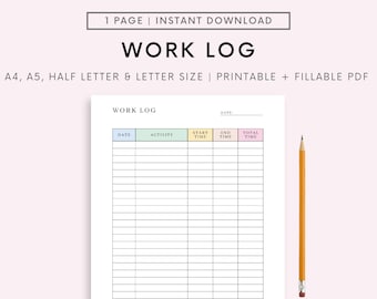 Daily Work Hours Log Printable, Time Log, Time Tracker, Working Hours Log, Activity Tracker, Work day Time Spent Template, Instant Download