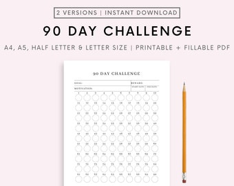 90 Day Challenge, Goal Setting, Goal Progress Tracker, Habit Forming, A4/A5/Letter, Printable & Fillable PDF, Vertical, Instant Download