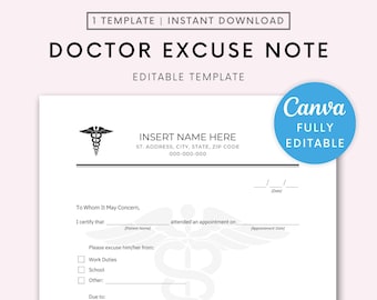 Fillable Doctors Note for Work, Doctor Excuse Note, Drs Note, Doctor Excuse Letter, School Excuse Note, Doctor Excuse Word, Google Docs, PDF