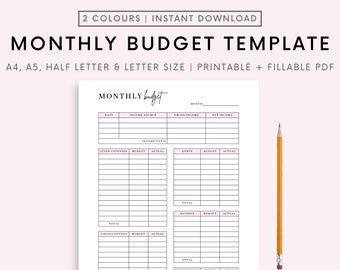 Printable Monthly Budget Planner, Budget Template, Finance Planner, Budget Plan, Financial Journal, Monthly Budget Sheet, A4 and Letter