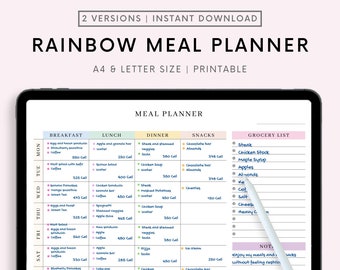 Rainbow Weekly Meal Planner Printable, Undated Weekly Meal Tracker, Grocery List, Digital Meal Tracker for Goodnotes, A4, Instant Download