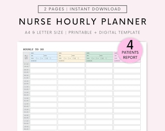 Hourly Nursing Shift Planner, 4 Patient Report Sheet Med Surg Nurse Medication Sheet, CNA Shift Planner Nursing Shift Report Sheet A4-Letter