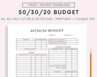 Modèle de planificateur budgétaire 50/30/20 | Feuille de budget mensuelle | Gestion de l’argent | imprimable Aperçu du budget | | PDF | A4 | A5 Lettre