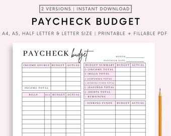 Paycheck Budget Overview Template Printable, Paycheck Budget Printable, Budget Binder, Budget Planner, Budget Template A4 A5 Letter PDF