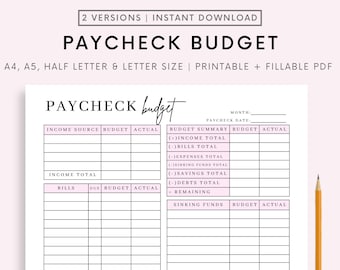 Paycheck Budget Overview Template Printable, Paycheck Budget Printable, Budget Binder, Budget Planner, Budget Template A4 A5 Letter PDF