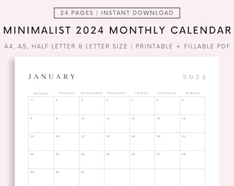 Editable 2024 Monthly Calendar, Back to School, Teacher Calendar, Fill in Calendar, 12 Month Calendar, Blank, Digital Download, PDF