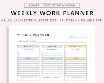 Weekly Work Planner Printable To Do List, Minimalist Weekly Schedule, Week At a Glance, Weekly Organizer, Office Planner, To Do Desk Planner