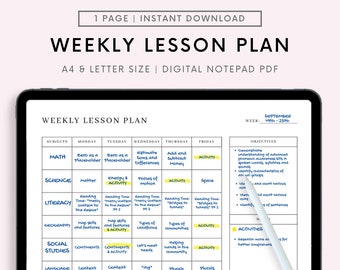 May include: A weekly lesson plan template for teachers. The template is divided into subjects, days of the week, and objectives. The subjects include math, science, literacy, geography, social studies, and language arts. The days of the week are Monday, Tuesday, Wednesday, Thursday, and Friday. The objectives are listed in a column on the right side of the template. The template is designed to help teachers plan their lessons for the week.