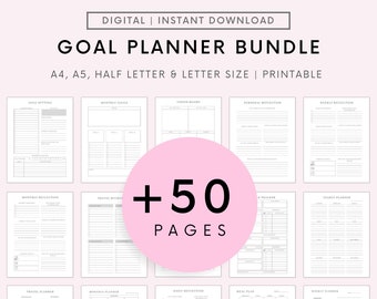 Goal Planner BUNDLE, 2024 Goals Tracker, SMART Goal Setting Kit, New Year, Monthly Habits Reflections, Productivity, Vision Board Printables