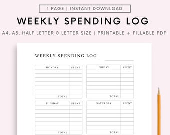 Weekly Spending Tracker, Spending Tracker, Expense Tracker Printable, Spending Log, Purchase Tracker, Transaction Log A4 A5 Letter PDF