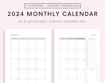 2024 Monatskalender druckbar, datiert Monat auf 2 Seiten, 2024 Kalender, Monat auf einen Blick, A4/A5/Letter/Hälfte, Sofortiger Download