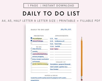 Daily To Do List Printable, Instant Download, Minimal Productivity Planner, Daily Planner, Daily Schedule, Letter, A5, A4 & Half Letter